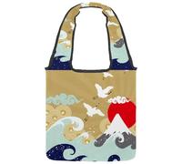 lcndlsoe Canvas Tote Bag, Retro Japanese Crane Wave Clouds Sun Women's Shoulder Handbag for Work Shopping Gym