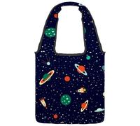 lcndlsoe Canvas Tote Bag, Space Planets Orbits Rockets Satellite Flying Saucer Stars Cosmos Women's Shoulder Handbag for Work Shopping Gym