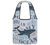 lcndlsoe Canvas Tote Bag, Whale on Wood Board Dream Higher Than Sky Deeper Ocean Women's Shoulder Handbag for Work Shopping Gym