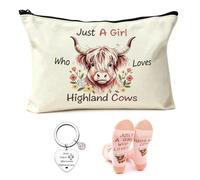 LCOLYDM Highland Cow Gift Set, 3 Pcs, Makeup Bag, Socks, Keyring, Women | Scottish Cattle Accessories, Novelty Stocking Filler, Cute Birthday Present, Under 10 Pounds, Canvas Pouch, Mum, Girls