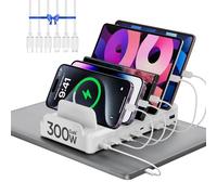 Lcssio 8 Port USB C Charging Station, 300W Fast Charge for MacBook iPhone 15 Phone iPad Tablets, 6 Mixed Short Cables Included, White