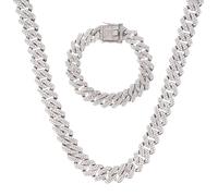 LCWLJL 2pc Mens Cuban Link Chain Miami Cuban Necklace & Bracelet，Gold/Silver Chain Diamond Chains For Men Women 14mm Iced Out Hip Hop Jewelry, 8inch Bracelet and 22 inch Necklace, Zinc, Rhinestone