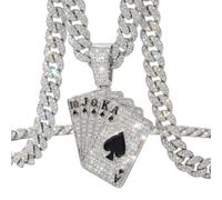 LCWLJL Iced Out Miami Cuban Link Chain with Royal Flush Playing Card Pendant, 20 inch Silver Gold Plated Hip Hop Necklace, Lucky Casino Charm Jewelry for Men Women, L, Zinc, Zircon