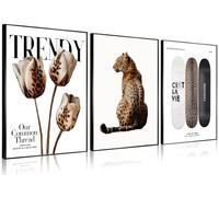 LCZDXGR 3Pcs Trendy Leopard Print Canvas Wall Art Picture Stylish Female Aesthetic Poster Cheetah Printed Preppy Fashion Skateboard Wall Decor for Bedroom Apartment Dorm Living Room 16x24in Unframed