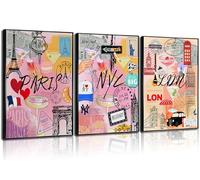 LCZDXGR 3Pcs Urban Graffiti Wall Art New York Paris London Famous Landmarks Canvas Poster Prints Colorful City Street Painting Pictures for Bedroom Living Room Dining Room Wall Decor 12x16in Unframed