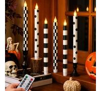 LCZLUMIPRO 6Pcs Halloween Flameless Taper Candles, Remote Black and White Candles, Checked Polka Dot Striped Battery Candlesticks, Flickering Plastic Candles for Table Window Fall Decor
