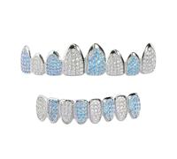 Ldabrye 3 Rhinestone-Studded Stainless Steel Grillzs with Blue Zirconia 8-Tooth Design for Celebrations Good Stainless Steel Mouth Grillzs