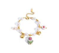 Ldabrye Adjustable Blossom Pearls Jewelry Ceramic Bead Stylish Women ' s Wrist Accessory Trendy Wristband Bangle Pearls and Alloy Party Wristlet