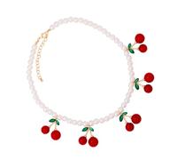 Ldabrye Unique Fruit Charm Necklace with Imitation Pearls Adjustable Length Neckchain Beaded Neckwear for Women and Girls Cherries Pendant Necklace