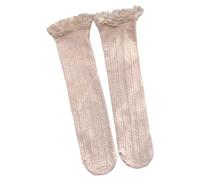 Ldabrye Women Vintage Striped Ribbed Knit Knee High Socks Japanese Style JK Girl Frilly Ruffle Lace Trim Over Calf Long Stocking