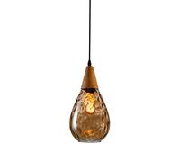 LDCBFTR Glass Pendant Light, Modern Wood Hanging Lamp, Hammered Glass Ceiling Fixture, Teardrop Dome Chandelier for Dining Room & Kitchen Island, E27 Socket, Stylish Suspension Lighting WFJ