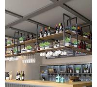 LDCBFTR Hanging Wine Glass Holder - Ceiling Shelf, 2-Tier Ceiling Hanging Wine Rack, Wrought Iron Solid Wood Plant Rack/Wine Glass Rack, European Retro Kitchen Display Rack, Black Rack (Co WFJ