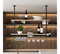 LDCBFTR Hanging Wine Glass Holder - Ceiling Shelf, 2-Tier Ceiling Hanging Wine Rack, Wrought Iron Solid Wood Plant Rack/Wine Glass Rack, European Retro Kitchen Display Rack, Black Rack (Co WFJ