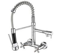 LDCBFTR Wall Mount Kitchen Faucet, Kitchen Faucet with Pull Down Sprayer, Kitchen Sink Faucet Double Handles, Kitchen Mixer Tap, 360 Degree Swivel Spout,Chrome WFJ