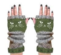Ldduopp Knitted Fingerless Gloves, Women's Fingerless Gloves with Open Fingers, Cat Embroidery, Warm Winter Mittens, Winter Arm Warmers, Winter Gloves for Girls, Women, Teenagers, Green, Siehe