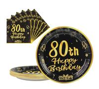 LDFDRT 80th Paper Party Plates And Napkins 50pcs 9" Black Birthday Party Dessert Tableware Happy Birthday Decorations Party Supplies