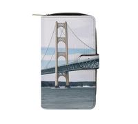 LDGSUPH Mackinac Suspension Bridge Leather Long Wallet Adult Travel Zipper Long Purse Multi-functional Credit Card Holder 12 Card Slot