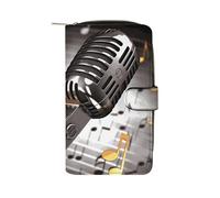 LDGSUPH Microphone with Music Notes Leather Long Wallet Adult Travel Zipper Long Purse Multi-functional Credit Card Holder 12 Card Slot