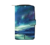 LDGSUPH Northern Lights Leather Long Wallet Adult Travel Zipper Long Purse Multi-functional Credit Card Holder 12 Card Slot