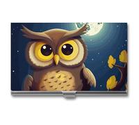 LDGSUPH Owl And Yellow Moon Business Card Holder Minimalist Wallet RFID Blocking Credit Cards Holder Slim Name Cards Holders Compact Aluminum Alloy Business Card Case for Adult