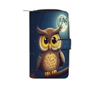 LDGSUPH Owl And Yellow Moon Leather Long Wallet Adult Travel Zipper Long Purse Multi-functional Credit Card Holder 12 Card Slot