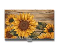 LDGSUPH Paint Wooden Board Sunflower Business Card Holder Minimalist Wallet RFID Blocking Credit Cards Holder Slim Name Cards Holders Compact Aluminum Alloy Business Card Case for Adult