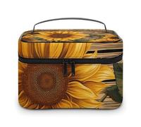 LDGSUPH Paint Wooden Board Sunflower Makeup Bag with Handle Portable Travel Toiletry Bag Lightweight Waterproof Cute Cosmetics Storage Bags Large Fashion Makeup Case Organizer For Women