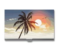 LDGSUPH Palm Tree on Beach Business Card Holder Minimalist Wallet RFID Blocking Credit Cards Holder Slim Name Cards Holders Compact Aluminum Alloy Business Card Case for Adult