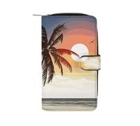 LDGSUPH Palm Tree on Beach Leather Long Wallet Adult Travel Zipper Long Purse Multi-functional Credit Card Holder 12 Card Slot