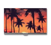 LDGSUPH Palm Tree Summer Sunset Business Card Holder Minimalist Wallet RFID Blocking Credit Cards Holder Slim Name Cards Holders Compact Aluminum Alloy Business Card Case for Adult
