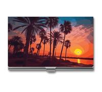 LDGSUPH Palm Tree Sunset Business Card Holder Minimalist Wallet RFID Blocking Credit Cards Holder Slim Name Cards Holders Compact Aluminum Alloy Business Card Case for Adult