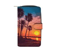 LDGSUPH Palm Tree Sunset Leather Long Wallet Adult Travel Zipper Long Purse Multi-functional Credit Card Holder 12 Card Slot