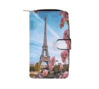 LDGSUPH Paris Eiffel Tower with Flowers Leather Long Wallet Adult Travel Zipper Long Purse Multi-functional Credit Card Holder 12 Card Slot