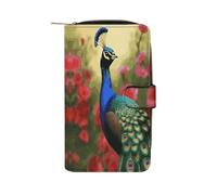 LDGSUPH Peacock Flowers Leather Long Wallet Adult Travel Zipper Long Purse Multi-functional Credit Card Holder 12 Card Slot