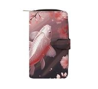 LDGSUPH Pink Cherry Blossom Red Carp Leather Long Wallet Adult Travel Zipper Long Purse Multi-functional Credit Card Holder 12 Card Slot
