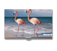 LDGSUPH Pink Flamingo Walking on The Beach Business Card Holder Minimalist Wallet RFID Blocking Credit Cards Holder Slim Name Cards Holders Compact Aluminum Alloy Business Card Case for Adult