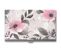 LDGSUPH Pink Flowers And Leaves on Gray Business Card Holder Minimalist Wallet RFID Blocking Credit Cards Holder Slim Name Cards Holders Compact Aluminum Alloy Business Card Case for Adult