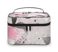 LDGSUPH Pink Flowers And Leaves on Gray Makeup Bag with Handle Portable Travel Toiletry Bag Lightweight Waterproof Cute Cosmetics Storage Bags Large Fashion Makeup Case Organizer For Women