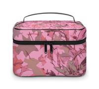LDGSUPH Pink Leaves Camo Makeup Bag with Handle Portable Travel Toiletry Bag Lightweight Waterproof Cute Cosmetics Storage Bags Large Fashion Makeup Case Organizer For Women