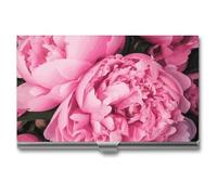 LDGSUPH Pink Peony Business Card Holder Minimalist Wallet RFID Blocking Credit Cards Holder Slim Name Cards Holders Compact Aluminum Alloy Business Card Case for Adult