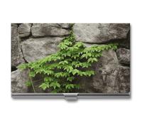 LDGSUPH Plant on Stone Wall Business Card Holder Minimalist Wallet RFID Blocking Credit Cards Holder Slim Name Cards Holders Compact Aluminum Alloy Business Card Case for Adult