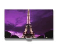 LDGSUPH Purple Eiffel Tower Business Card Holder Minimalist Wallet RFID Blocking Credit Cards Holder Slim Name Cards Holders Compact Aluminum Alloy Business Card Case for Adult
