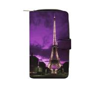 LDGSUPH Purple Eiffel Tower Leather Long Wallet Adult Travel Zipper Long Purse Multi-functional Credit Card Holder 12 Card Slot