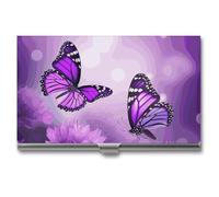 LDGSUPH Purple Flower Butterflies Business Card Holder Minimalist Wallet RFID Blocking Credit Cards Holder Slim Name Cards Holders Compact Aluminum Alloy Business Card Case for Adult