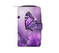 LDGSUPH Purple Flower Butterflies Leather Long Wallet Adult Travel Zipper Long Purse Multi-functional Credit Card Holder 12 Card Slot