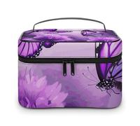 LDGSUPH Purple Flower Butterflies Makeup Bag with Handle Portable Travel Toiletry Bag Lightweight Waterproof Cute Cosmetics Storage Bags Large Fashion Makeup Case Organizer For Women