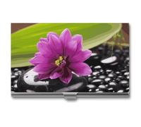 LDGSUPH Purple Flower with Black Stone Business Card Holder Minimalist Wallet RFID Blocking Credit Cards Holder Slim Name Cards Holders Compact Aluminum Alloy Business Card Case for Adult