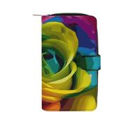 LDGSUPH Rainbow Flower Leather Long Wallet Adult Travel Zipper Long Purse Multi-functional Credit Card Holder 12 Card Slot