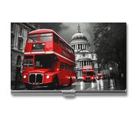 LDGSUPH Red Bus Business Card Holder Minimalist Wallet RFID Blocking Credit Cards Holder Slim Name Cards Holders Compact Aluminum Alloy Business Card Case for Adult