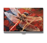LDGSUPH Red Dragonfly Business Card Holder Minimalist Wallet RFID Blocking Credit Cards Holder Slim Name Cards Holders Compact Aluminum Alloy Business Card Case for Adult